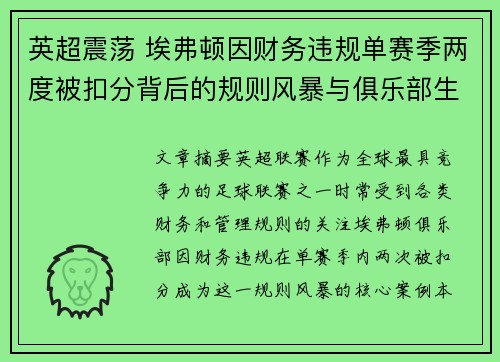 英超震荡 埃弗顿因财务违规单赛季两度被扣分背后的规则风暴与俱乐部生存考验